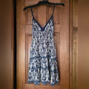 Valley Girl Flowy Mini Festival Sleeveless Boho Peacock Print Navy White Dress